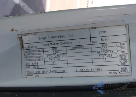 1998 Ford E-150 Recreational из США, поврежденный, VIN 1FDRE14L5WHB81590